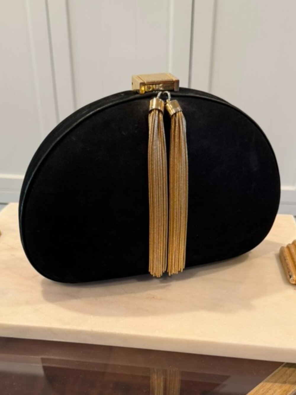 Ted Baker Black Satin Clutch Gold Tassel Removable Chain Evening Bag